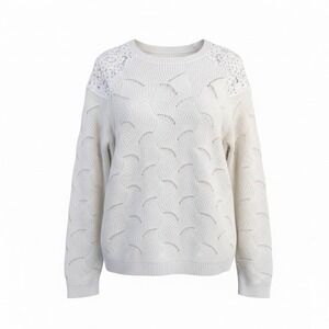 Romantic White Pointelle Knit Scalloped Sweater L Floral Lace Shoulder Boho